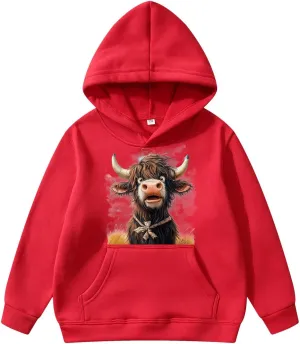 High Land Cow Girls Oversized Hoodie Shirts Dressy Casual Gradient Cute Hooded Pullover Tops Loose Kid Preppy Clothes