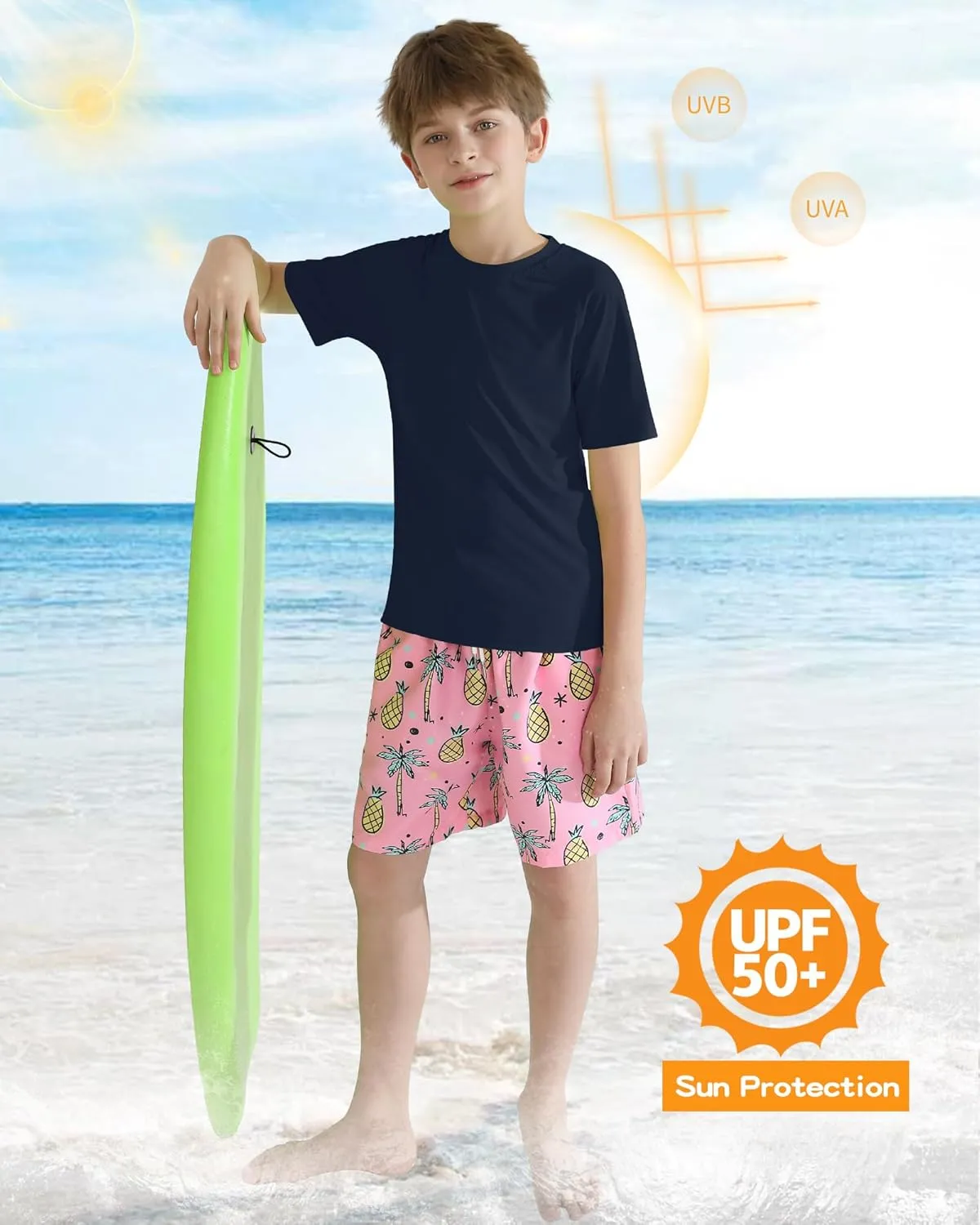 Hotfiary Boys Short Sleeve Rash Guard UPF50  Swim Shirt Quick Dry Water Sun Neon Athletic Shirts for Girls Kids Youth 5-14 Y