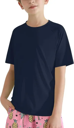 Hotfiary Boys Short Sleeve Rash Guard UPF50  Swim Shirt Quick Dry Water Sun Neon Athletic Shirts for Girls Kids Youth 5-14 Y