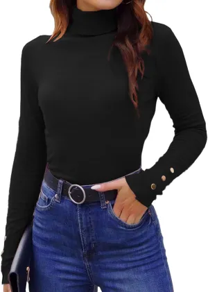 Hyipels Women's Turtleneck Sweater Long Sleeve Fitted Lightweight Soft Knit Pullover with Metal Buttons