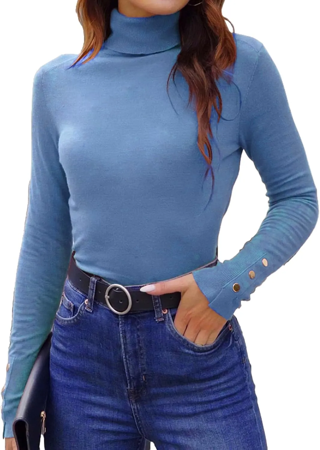 Hyipels Women's Turtleneck Sweater Long Sleeve Fitted Lightweight Soft Knit Pullover with Metal Buttons