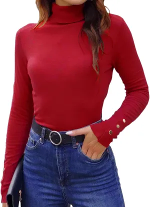Hyipels Women's Turtleneck Sweater Long Sleeve Fitted Lightweight Soft Knit Pullover with Metal Buttons