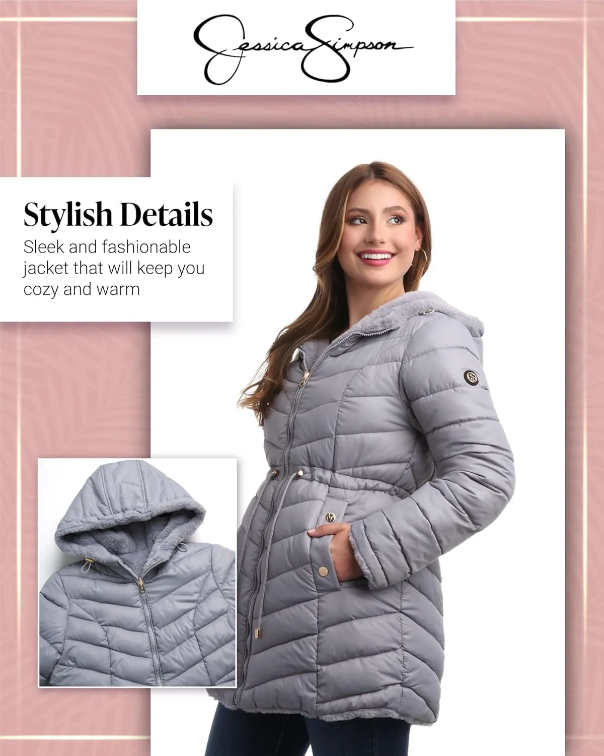 Jessica Simpson Women's Puffer Jacket - Cozy Lux Faux Fur Reversible Jackets for Women - Zip Up Hooded Winter Jacket (S-XL)