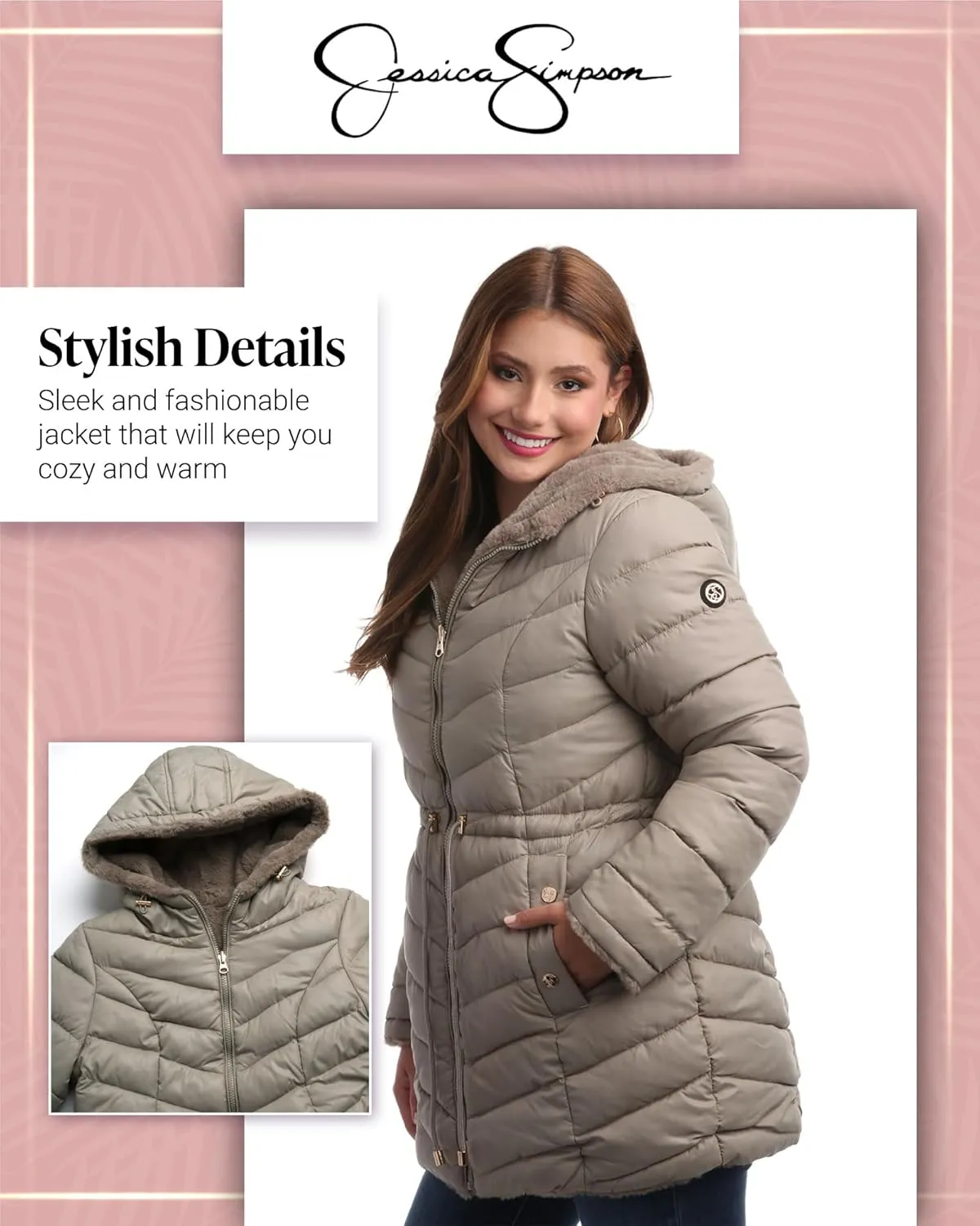 Jessica Simpson Women's Puffer Jacket - Cozy Lux Faux Fur Reversible Jackets for Women - Zip Up Hooded Winter Jacket (S-XL)