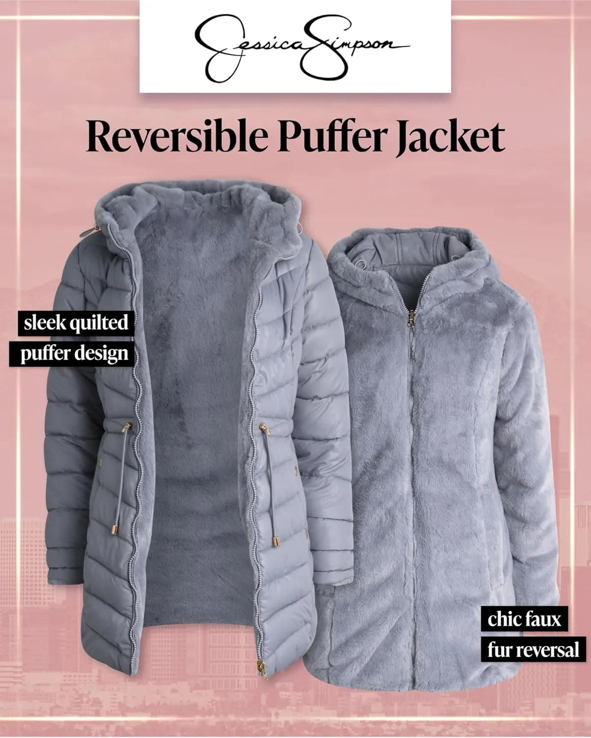 Jessica Simpson Women's Puffer Jacket - Cozy Lux Faux Fur Reversible Jackets for Women - Zip Up Hooded Winter Jacket (S-XL)