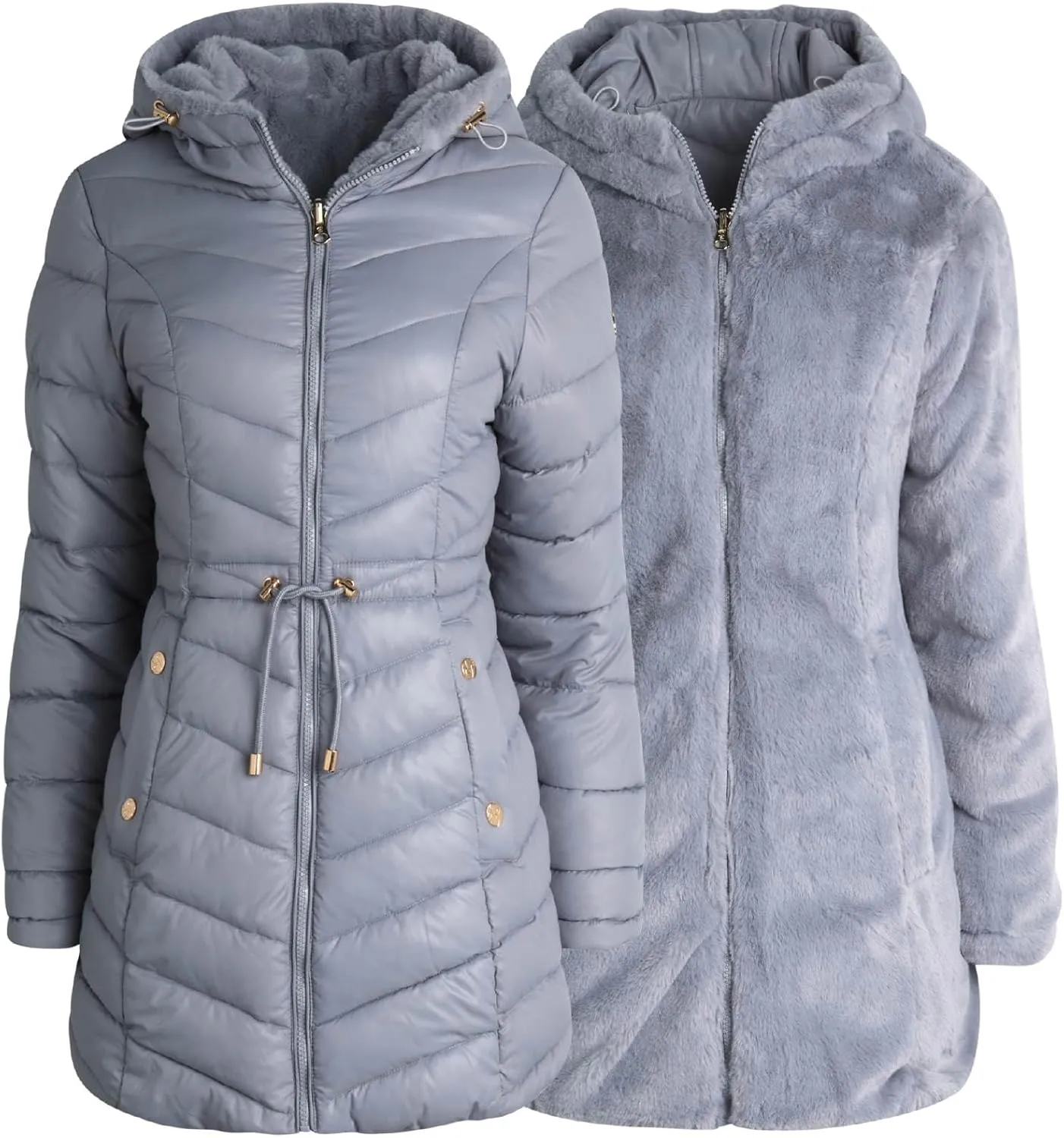 Jessica Simpson Women's Puffer Jacket - Cozy Lux Faux Fur Reversible Jackets for Women - Zip Up Hooded Winter Jacket (S-XL)