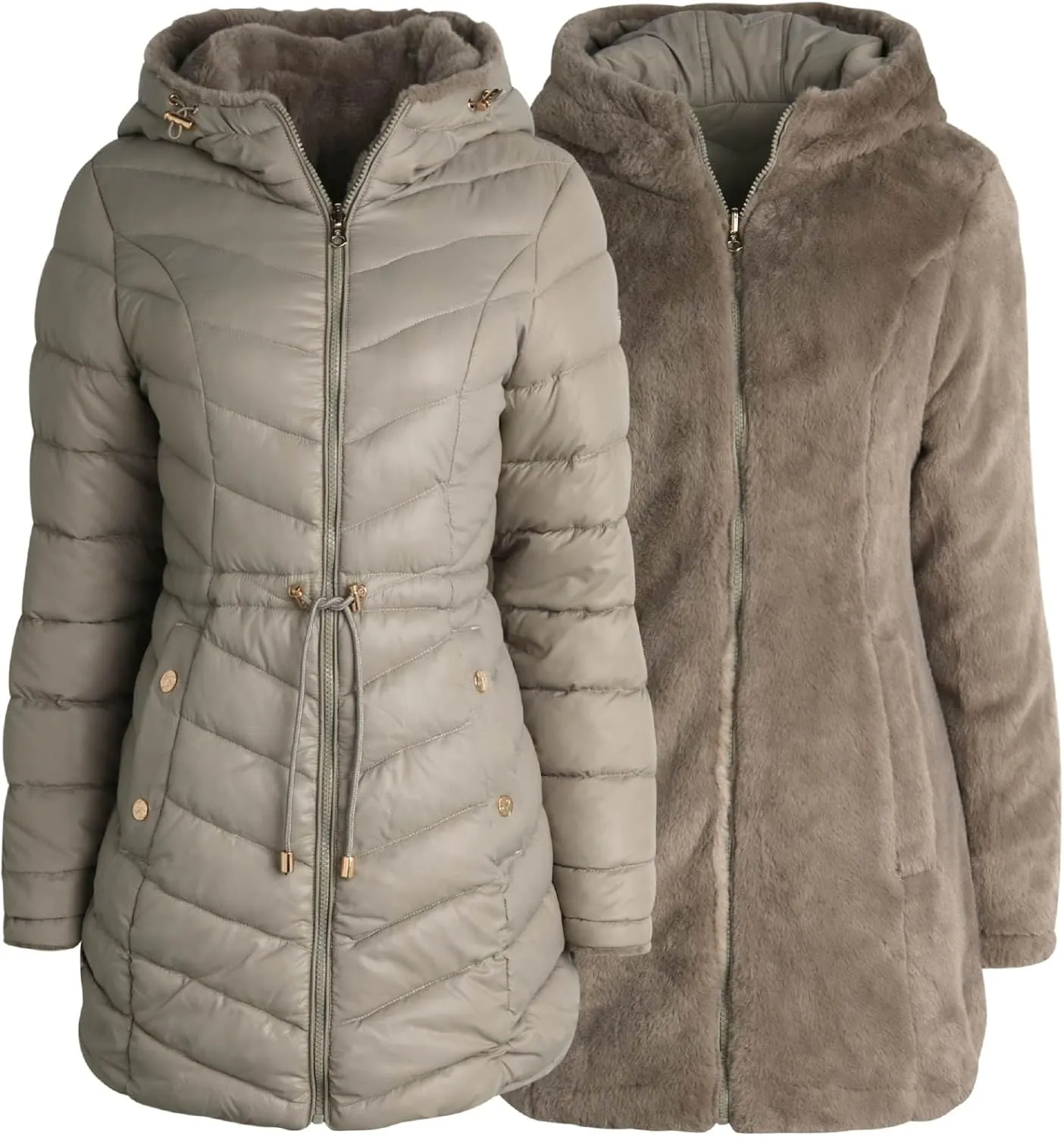 Jessica Simpson Women's Puffer Jacket - Cozy Lux Faux Fur Reversible Jackets for Women - Zip Up Hooded Winter Jacket (S-XL)