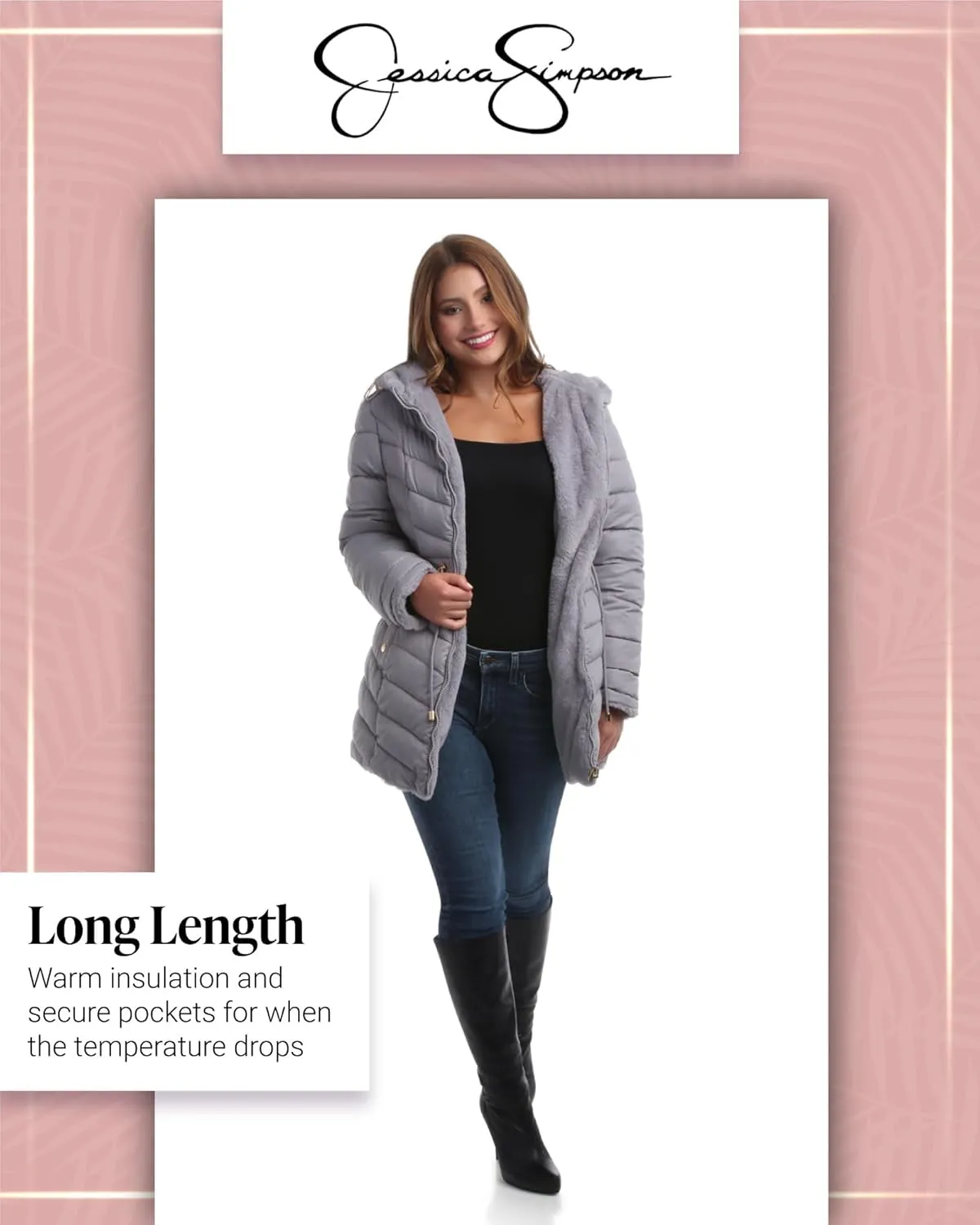 Jessica Simpson Women's Puffer Jacket - Cozy Lux Faux Fur Reversible Jackets for Women - Zip Up Hooded Winter Jacket (S-XL)