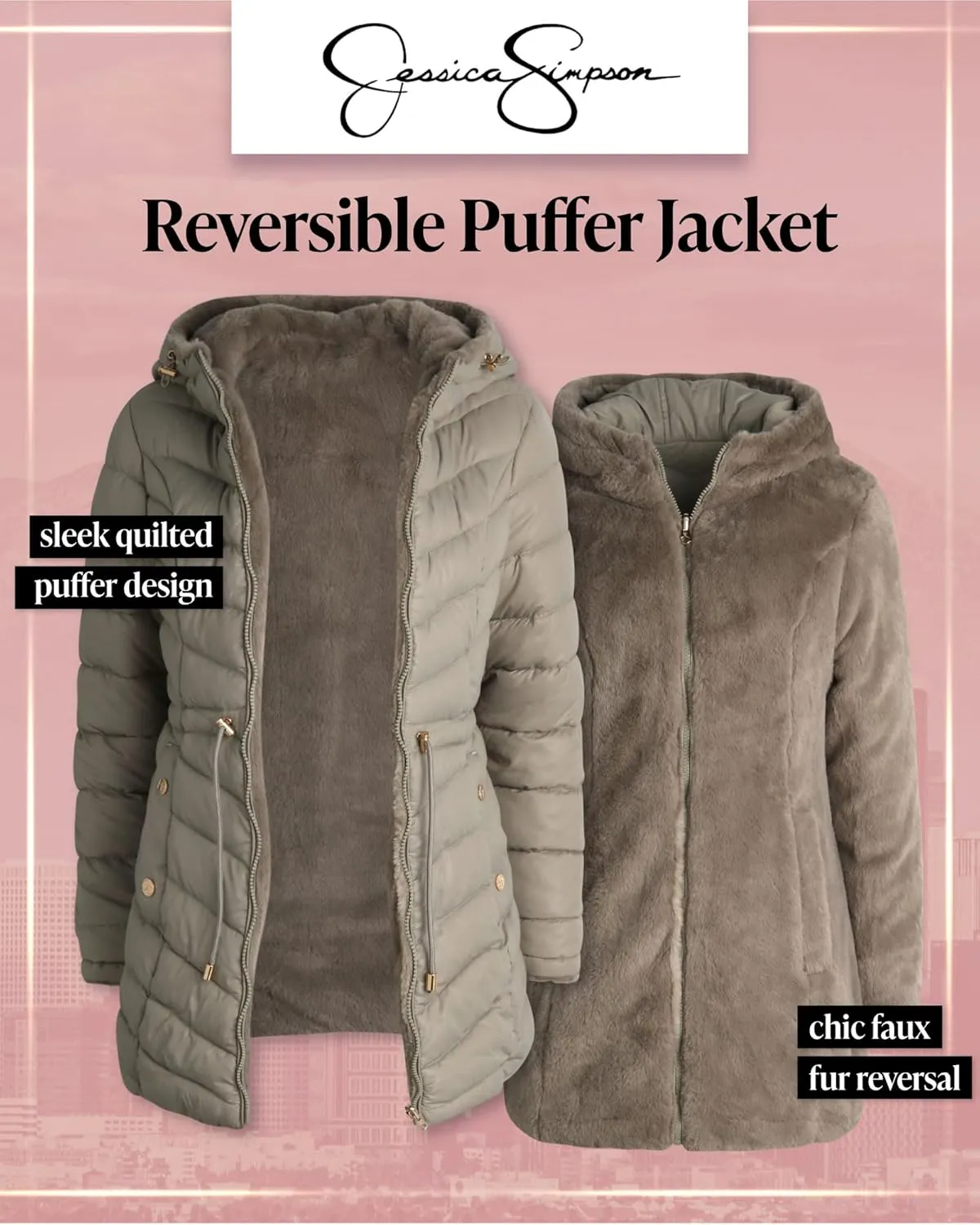 Jessica Simpson Women's Puffer Jacket - Cozy Lux Faux Fur Reversible Jackets for Women - Zip Up Hooded Winter Jacket (S-XL)