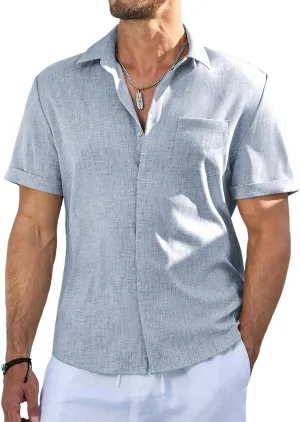 JMIERR Men's Linen Short Sleeve Casual Button Down Shirts Summer Beach Tops Wedding Shirt with Pocket