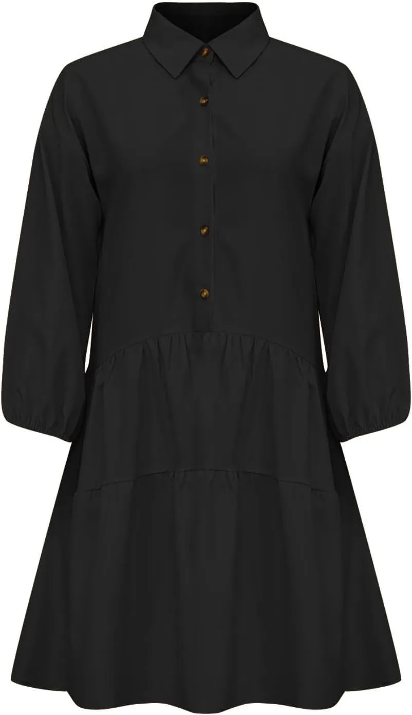 JOAU Women's Cute Summer Babydoll Shirt Mini Dress Puff Sleeve Flowy Tiered Ruffle Swing A-Line Collared Button Shirt Dress