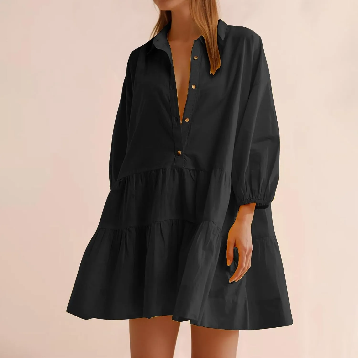 JOAU Women's Cute Summer Babydoll Shirt Mini Dress Puff Sleeve Flowy Tiered Ruffle Swing A-Line Collared Button Shirt Dress