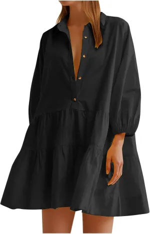 JOAU Women's Cute Summer Babydoll Shirt Mini Dress Puff Sleeve Flowy Tiered Ruffle Swing A-Line Collared Button Shirt Dress