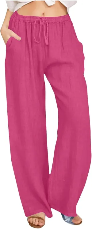 jsaierl Women Linen Wide Leg Pants Summer Loose Flowy Palazzo Pants Drawstring High Waisted Beach Pants Trousers with Pockets