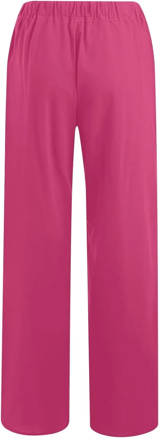 jsaierl Women Linen Wide Leg Pants Summer Loose Flowy Palazzo Pants Drawstring High Waisted Beach Pants Trousers with Pockets