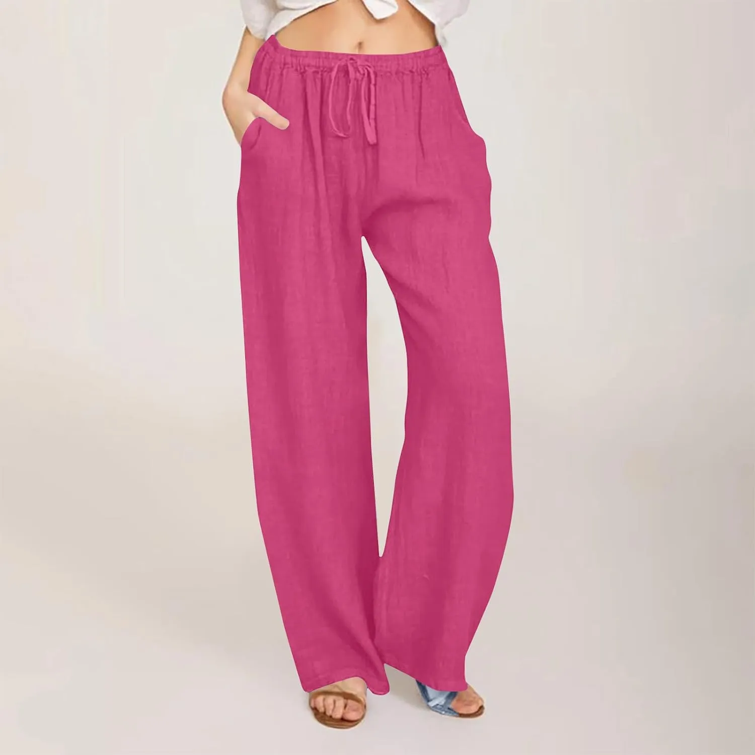 jsaierl Women Linen Wide Leg Pants Summer Loose Flowy Palazzo Pants Drawstring High Waisted Beach Pants Trousers with Pockets