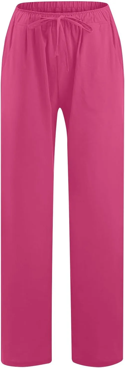 jsaierl Women Linen Wide Leg Pants Summer Loose Flowy Palazzo Pants Drawstring High Waisted Beach Pants Trousers with Pockets