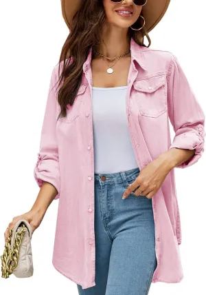 Kedera Womens Button Down Denim Shirt Long Sleeve Roll Up Boyfriend Jean Jacket Shacket