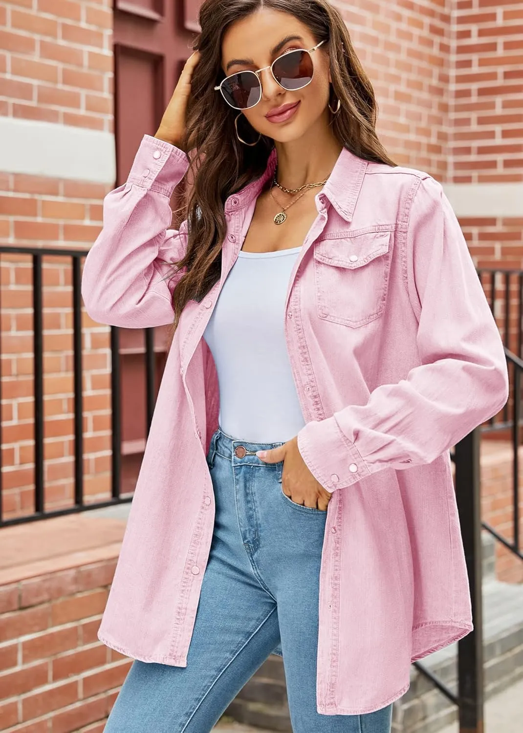 Kedera Womens Button Down Denim Shirt Long Sleeve Roll Up Boyfriend Jean Jacket Shacket