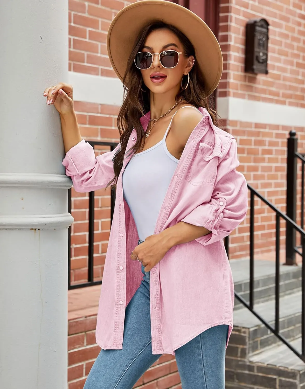 Kedera Womens Button Down Denim Shirt Long Sleeve Roll Up Boyfriend Jean Jacket Shacket