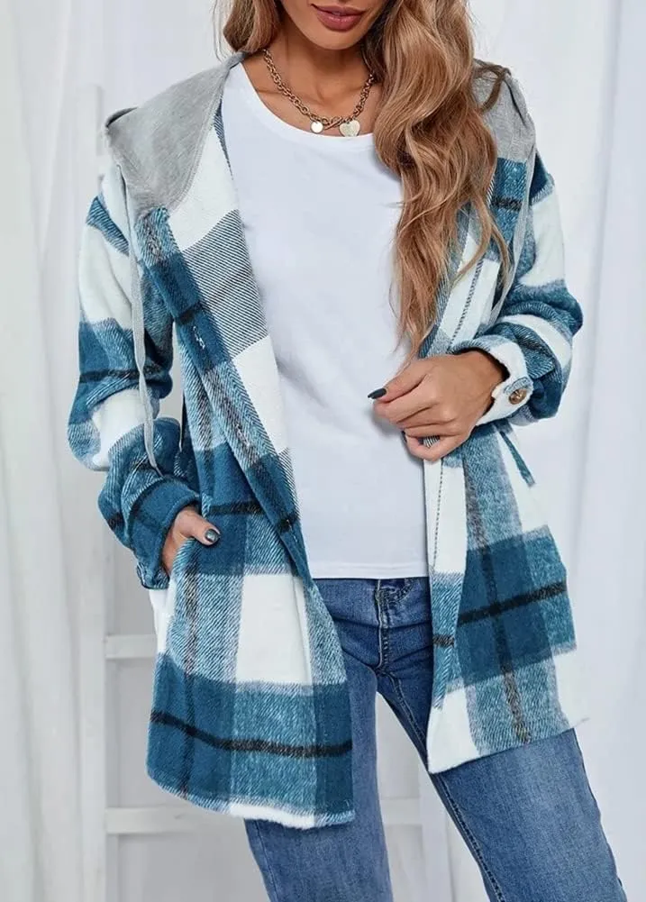 Kedera Womens Oversize Hoodie Plaid Flannel Shirt Long Sleeve Boyfriend Sweatshirt Shacket Jackets Coats