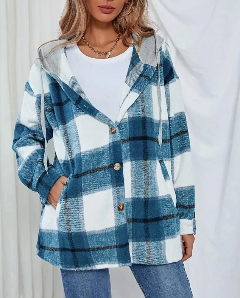 Kedera Womens Oversize Hoodie Plaid Flannel Shirt Long Sleeve Boyfriend Sweatshirt Shacket Jackets Coats