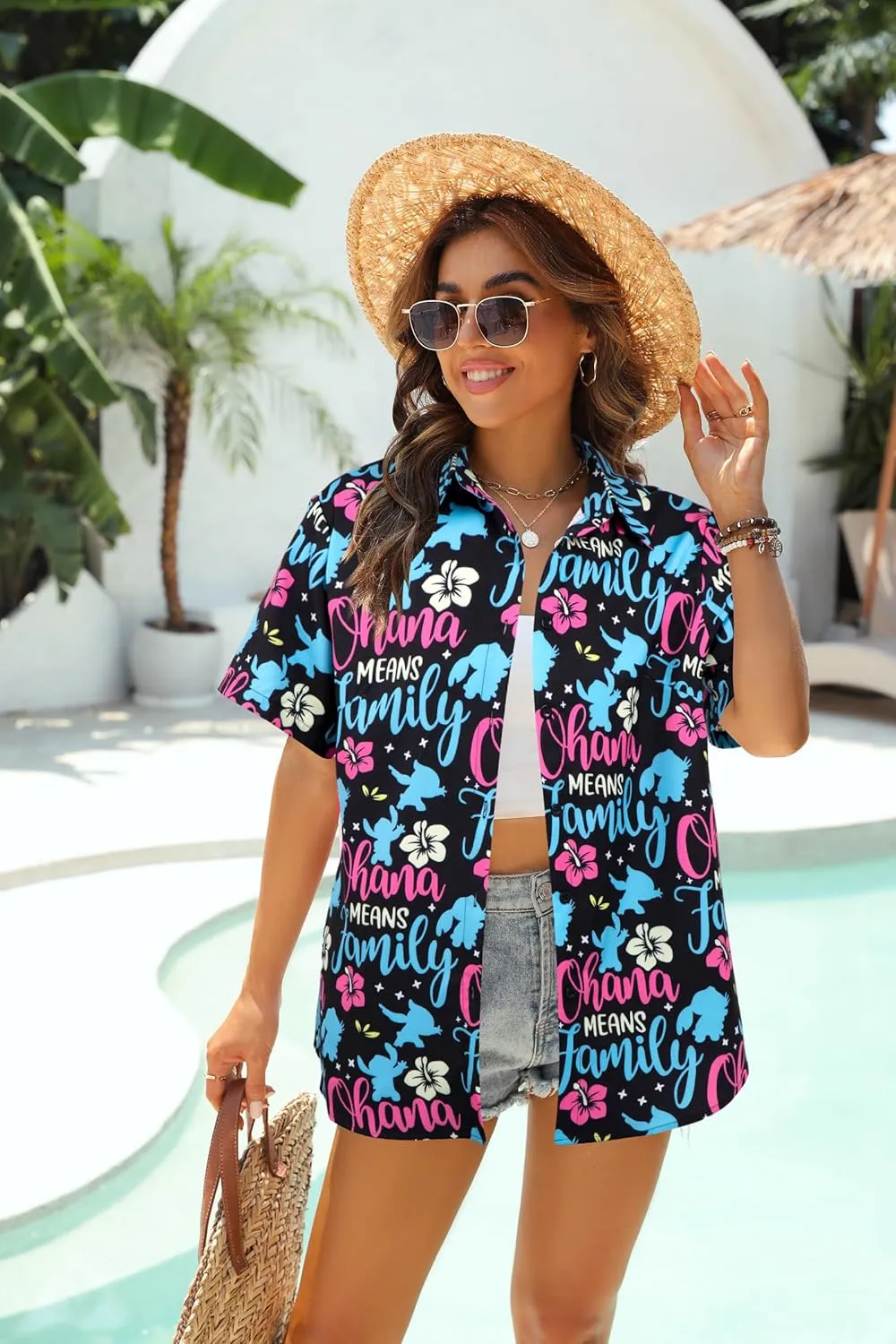 KIDDAD Hawaiian Shirts for Women: Ohana Means Family Shirt Hawaii Tropical Graphic T-Shirt Summer Beach Button Up Tops