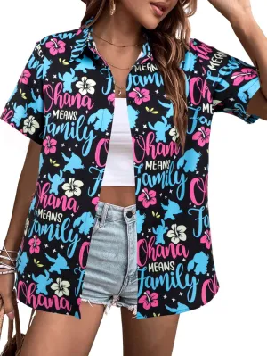 KIDDAD Hawaiian Shirts for Women: Ohana Means Family Shirt Hawaii Tropical Graphic T-Shirt Summer Beach Button Up Tops