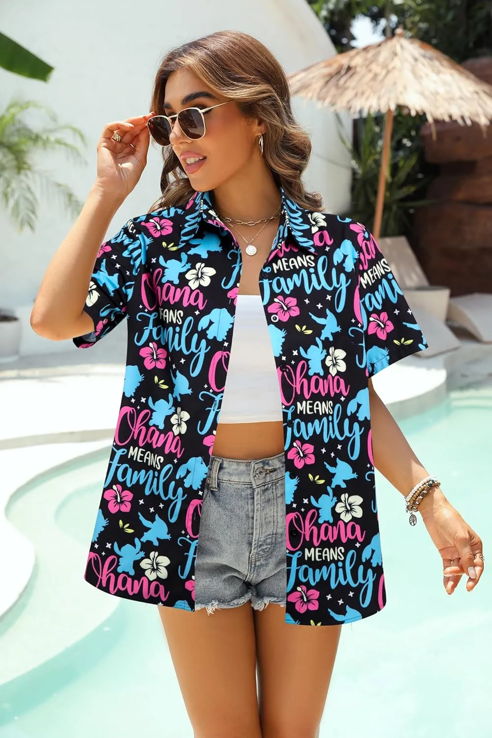 KIDDAD Hawaiian Shirts for Women: Ohana Means Family Shirt Hawaii Tropical Graphic T-Shirt Summer Beach Button Up Tops