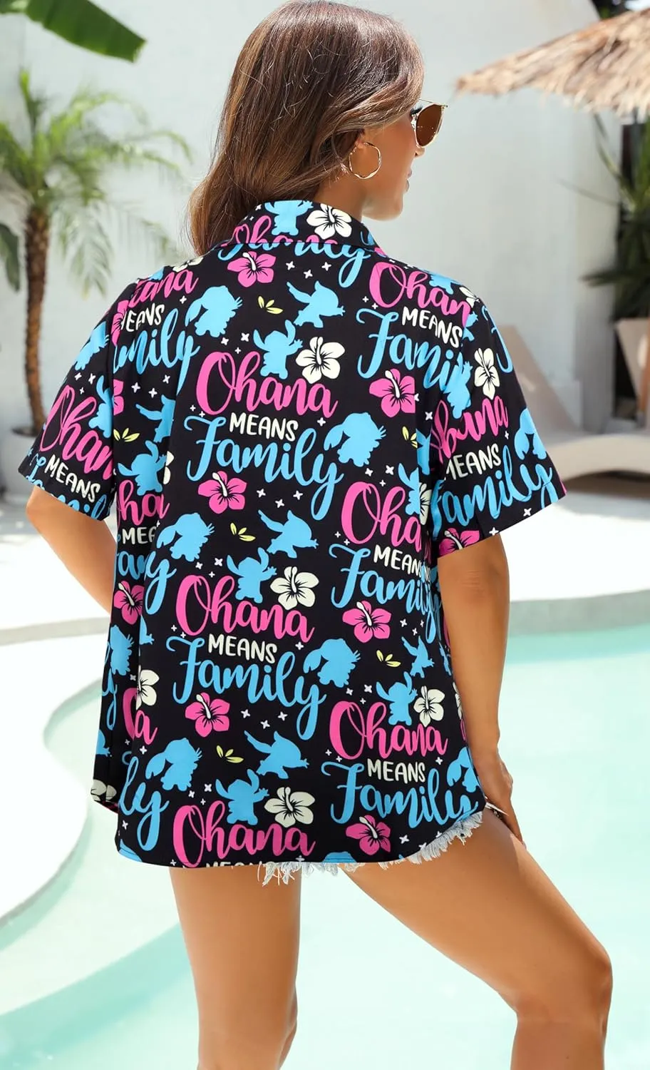 KIDDAD Hawaiian Shirts for Women: Ohana Means Family Shirt Hawaii Tropical Graphic T-Shirt Summer Beach Button Up Tops