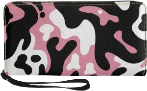 Ladies Long Wallet with Wristlet Strap PU Leather Women's Durable Large Capacity Wallet Abstract Milk Cow Stripe Pattern Stylish Phone Wristlet Purse for Female Shopping,Dating,Travel