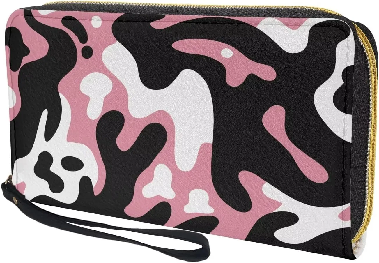 Ladies Long Wallet with Wristlet Strap PU Leather Women's Durable Large Capacity Wallet Abstract Milk Cow Stripe Pattern Stylish Phone Wristlet Purse for Female Shopping,Dating,Travel