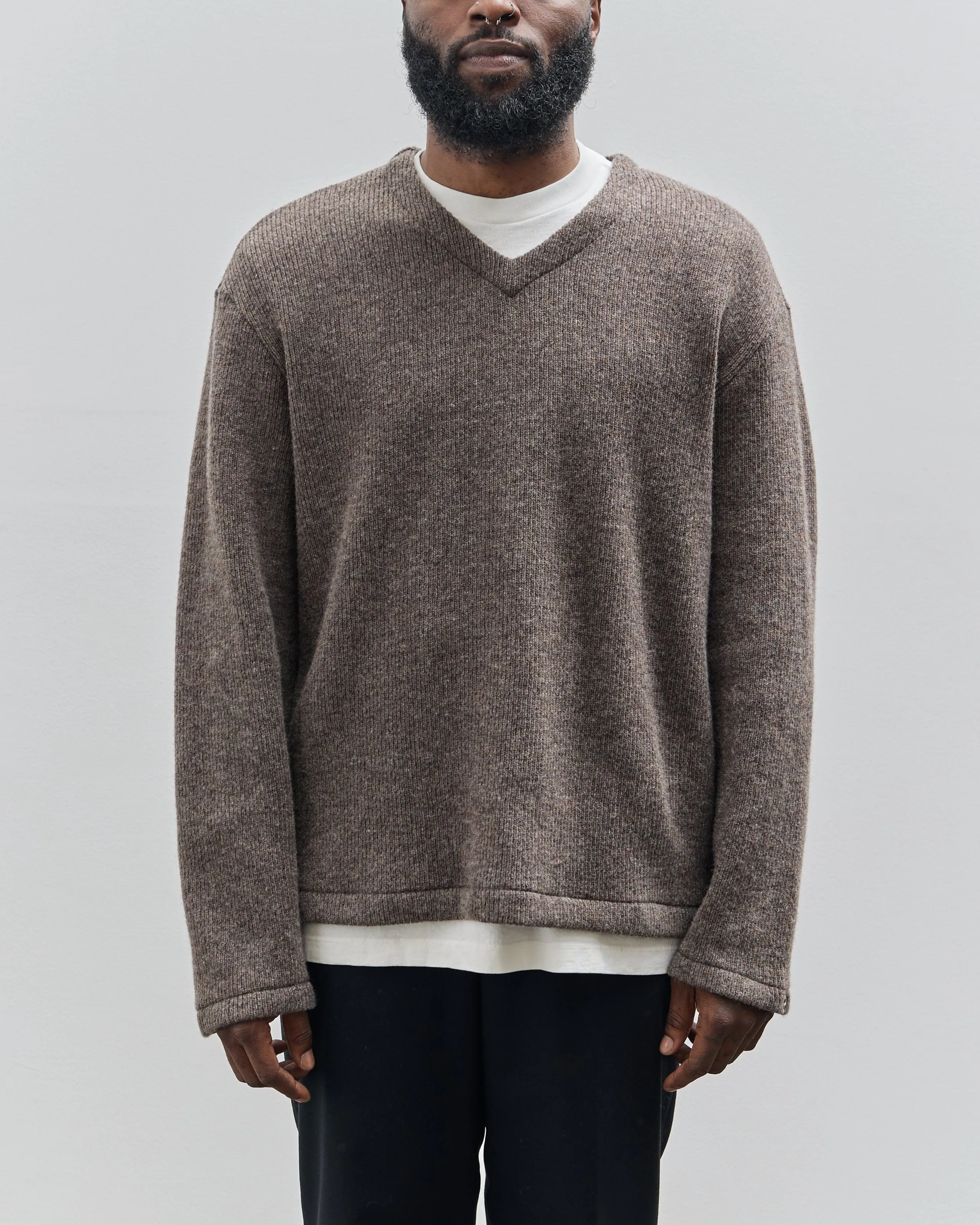 Lady White V Neck Snap Sweater, Brown Melange