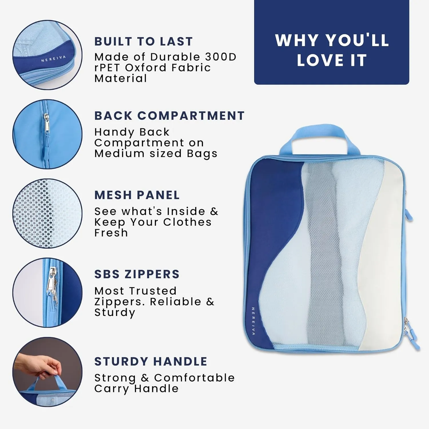 Large Compression Packing Cubes - 4 Piece Set by Nereiva  NAVY BLUE - Made of Recycled Materials, Premium SBS Zippers, 300D rPET Oxford Fabric. Travel Organizer Bags for Luggage, Packing Cube Set