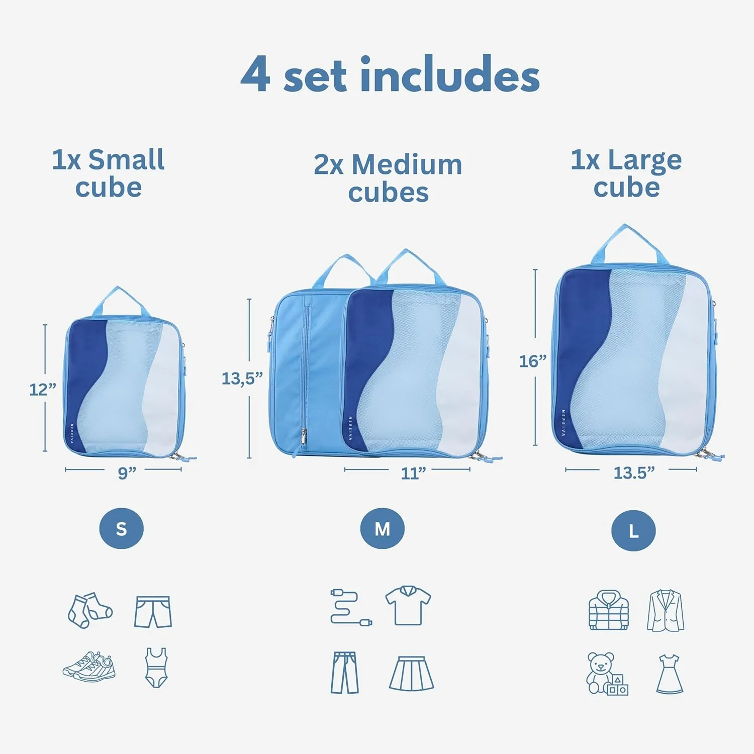 Large Compression Packing Cubes - 4 Piece Set by Nereiva  NAVY BLUE - Made of Recycled Materials, Premium SBS Zippers, 300D rPET Oxford Fabric. Travel Organizer Bags for Luggage, Packing Cube Set