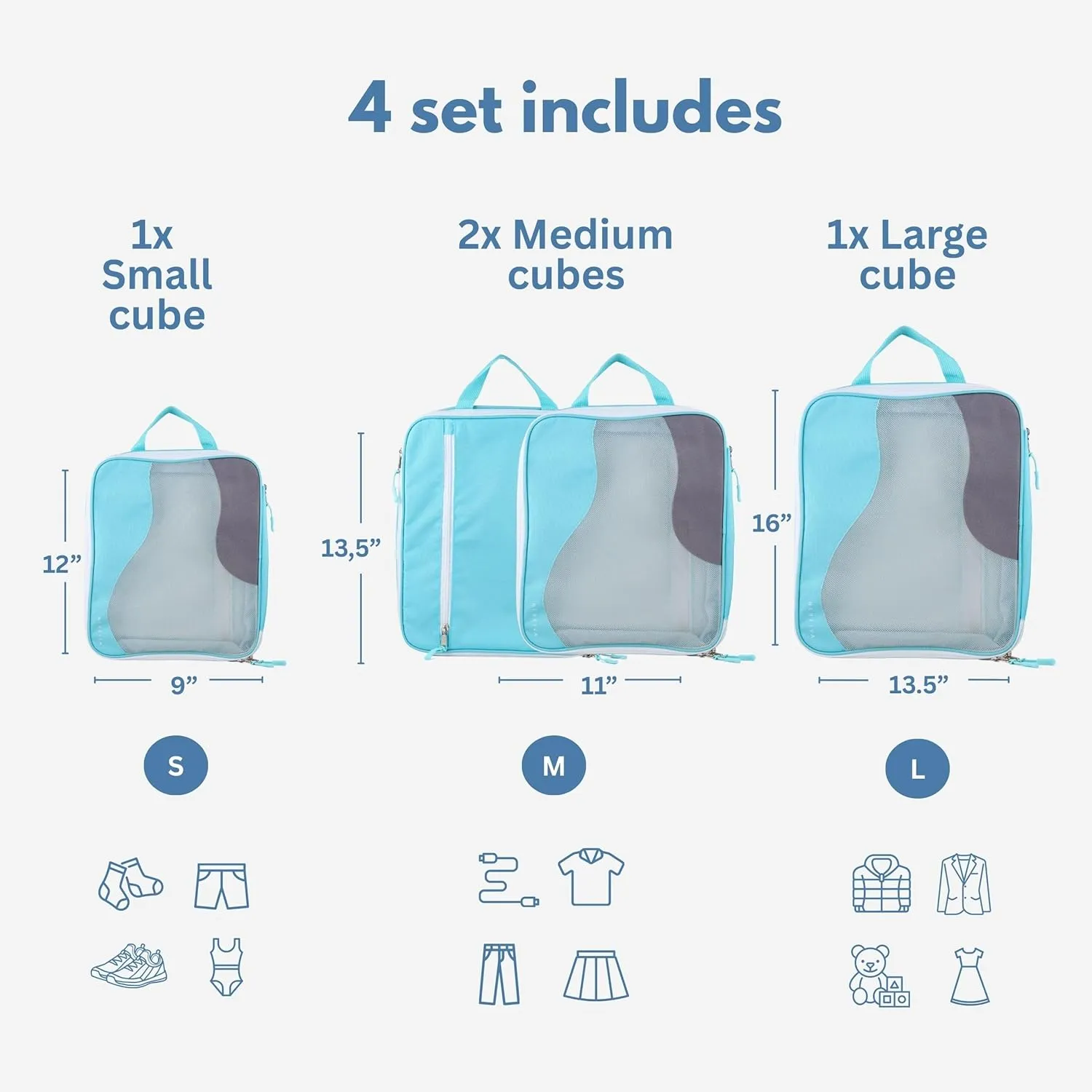 Large Compression Packing Cubes - 4 Piece Set TROPICAL TEAL - Made of Recycled Materials, Premium SBS Zippers, 300D rPET Oxford Fabric. Travel Organizer Bags for Luggage, Packing Cube Set