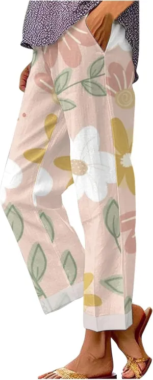 LCMTWX Women's Summer Casual Linen Pants 2024 Long Drawstring Linen Women Waist Cotton Casual Pants Elastic Waist Loose Fit