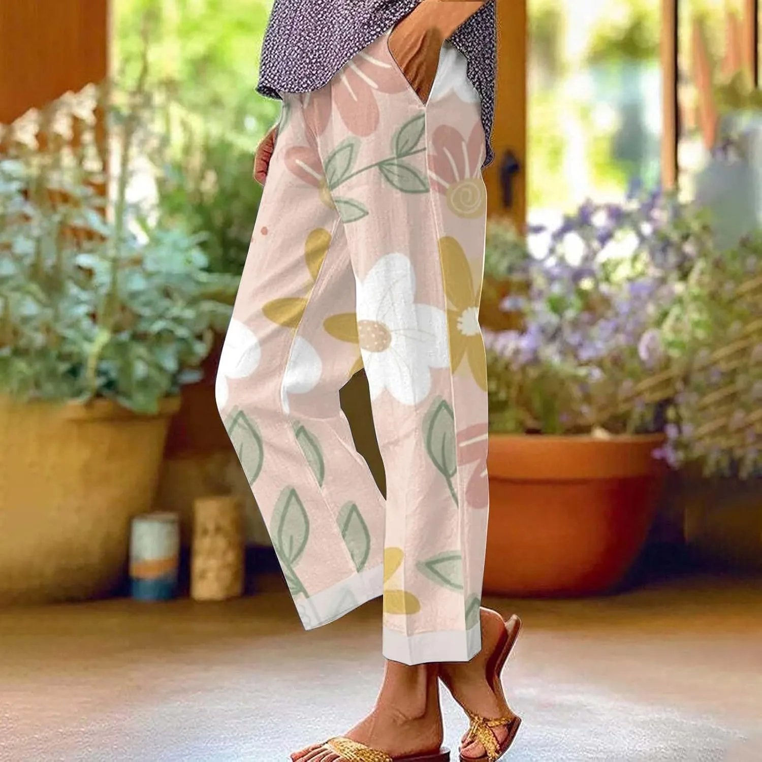LCMTWX Women's Summer Casual Linen Pants 2024 Long Drawstring Linen Women Waist Cotton Casual Pants Elastic Waist Loose Fit