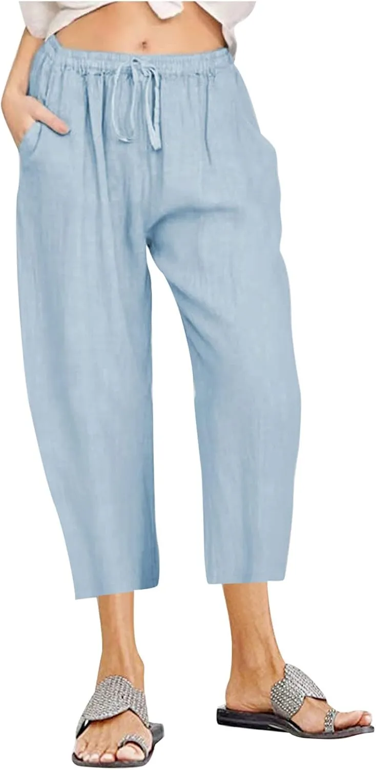 Linen Capri Pants for Women Casual Summer Cropped Pants High Waist Elastic Drawstring Pants Lounge Beach Trousers