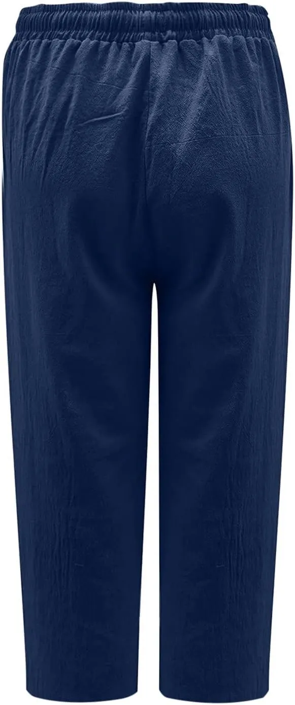 Linen Capri Pants for Women Casual Summer Cropped Pants High Waist Elastic Drawstring Pants Lounge Beach Trousers