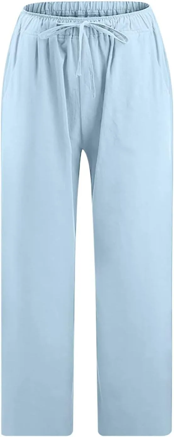 Linen Capri Pants for Women Casual Summer Cropped Pants High Waist Elastic Drawstring Pants Lounge Beach Trousers
