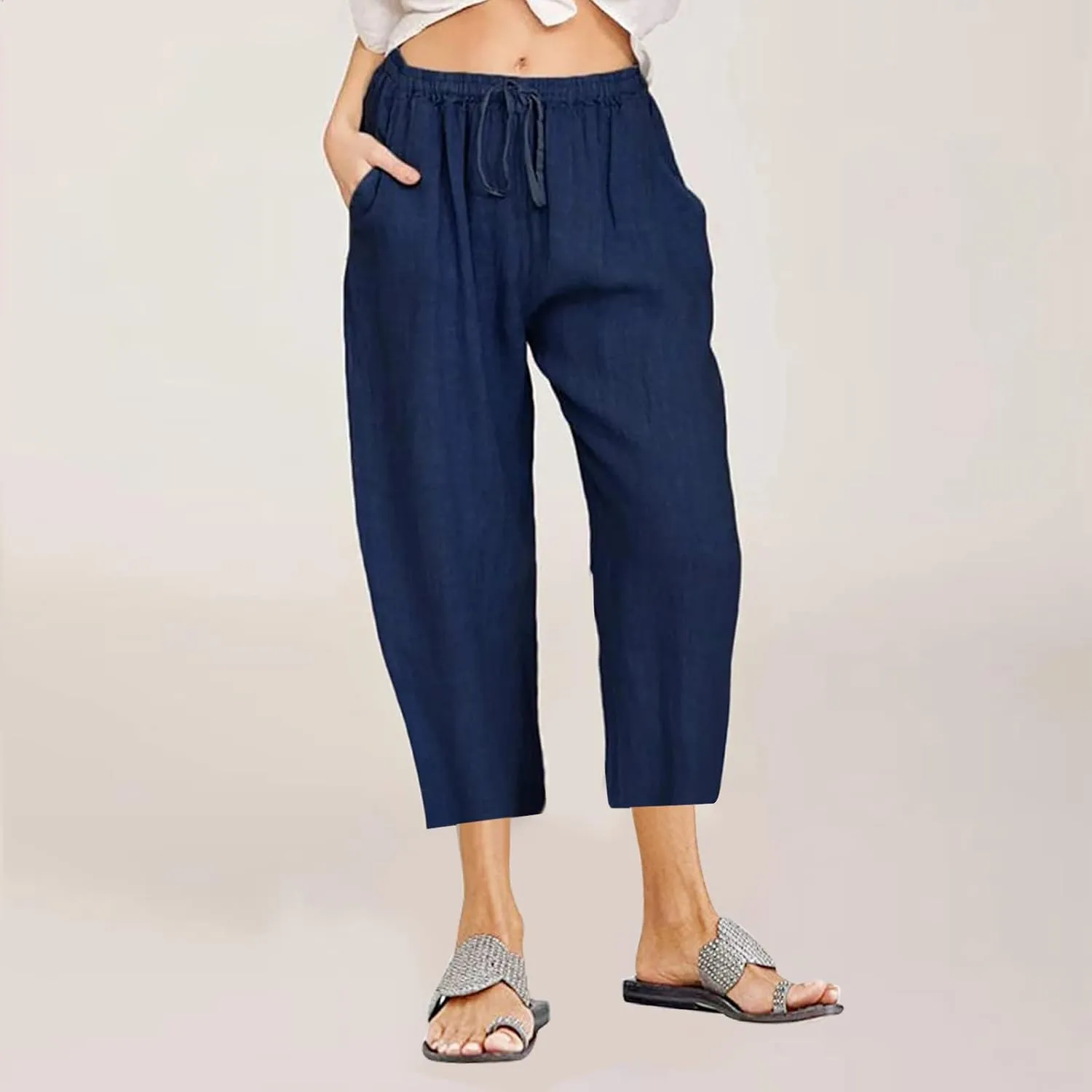 Linen Capri Pants for Women Casual Summer Cropped Pants High Waist Elastic Drawstring Pants Lounge Beach Trousers
