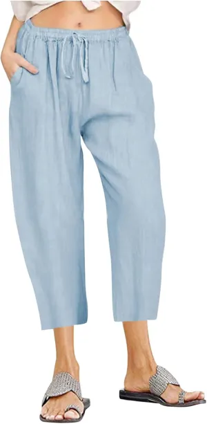 Linen Capri Pants for Women Casual Summer Cropped Pants High Waist Elastic Drawstring Pants Lounge Beach Trousers