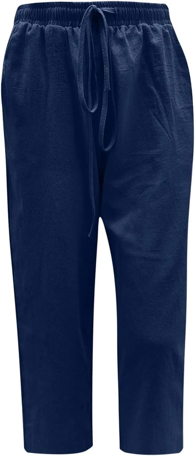 Linen Capri Pants for Women Casual Summer Cropped Pants High Waist Elastic Drawstring Pants Lounge Beach Trousers