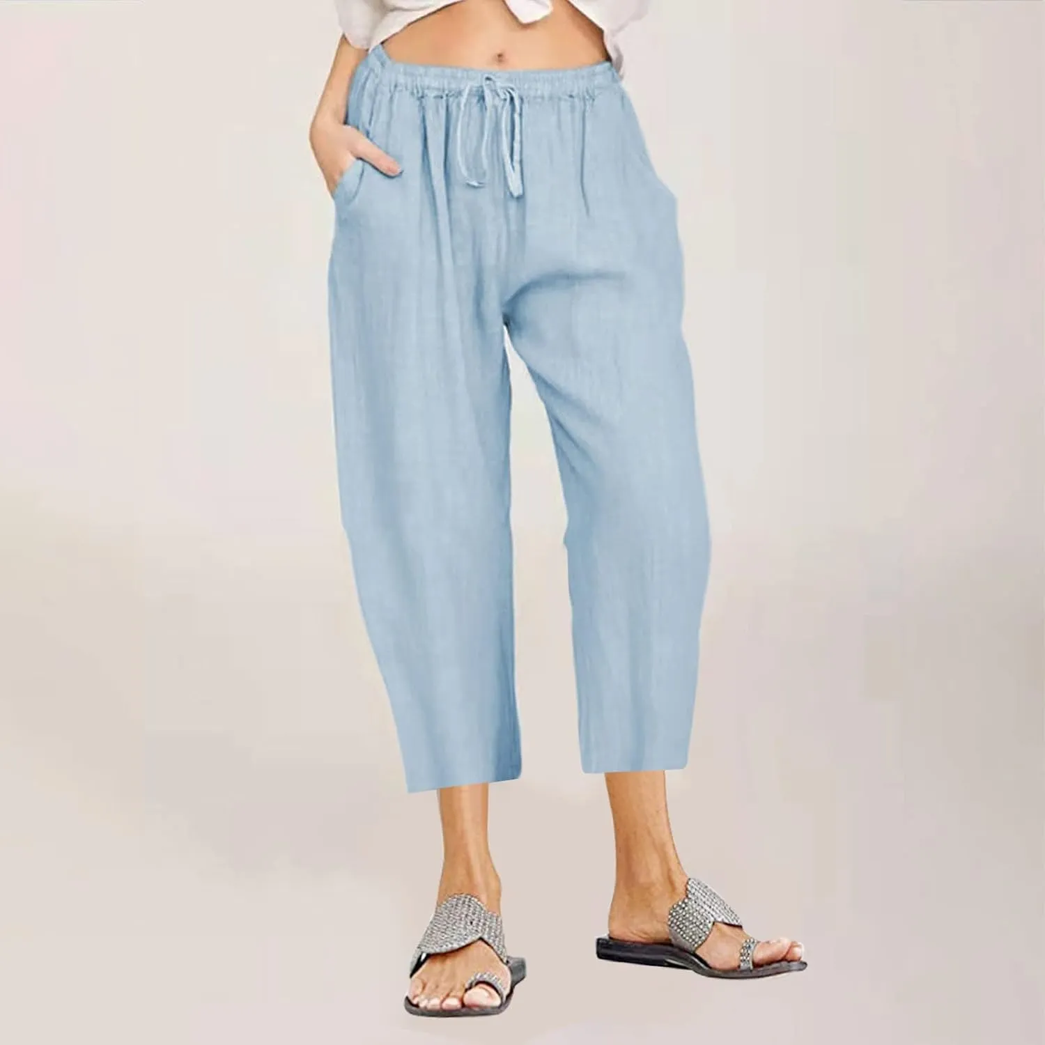 Linen Capri Pants for Women Casual Summer Cropped Pants High Waist Elastic Drawstring Pants Lounge Beach Trousers