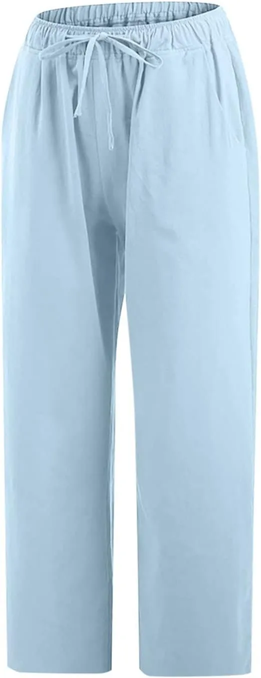 Linen Capri Pants for Women Casual Summer Cropped Pants High Waist Elastic Drawstring Pants Lounge Beach Trousers