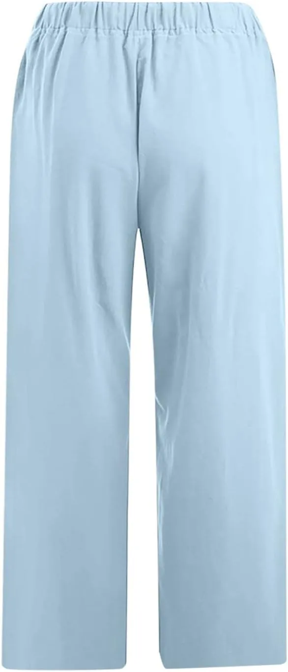 Linen Capri Pants for Women Casual Summer Cropped Pants High Waist Elastic Drawstring Pants Lounge Beach Trousers