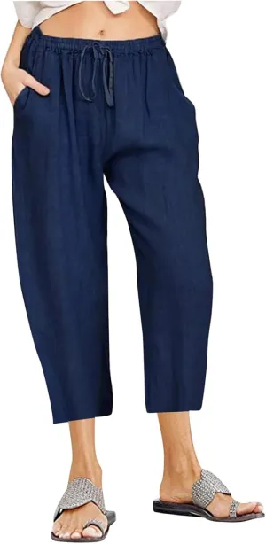 Linen Capri Pants for Women Casual Summer Cropped Pants High Waist Elastic Drawstring Pants Lounge Beach Trousers