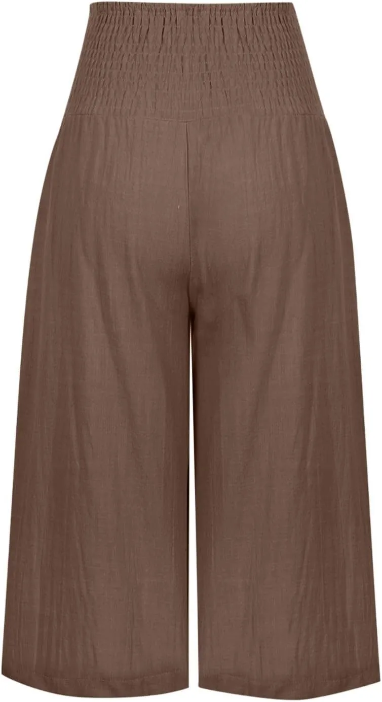 Linen Capri Pants for Women Elastic High Waisted Wide Leg Pant Baggy Lightweight Casual Summer Trendy Palazzo Trouser