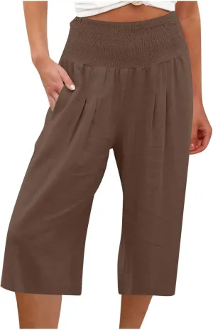 Linen Capri Pants for Women Elastic High Waisted Wide Leg Pant Baggy Lightweight Casual Summer Trendy Palazzo Trouser
